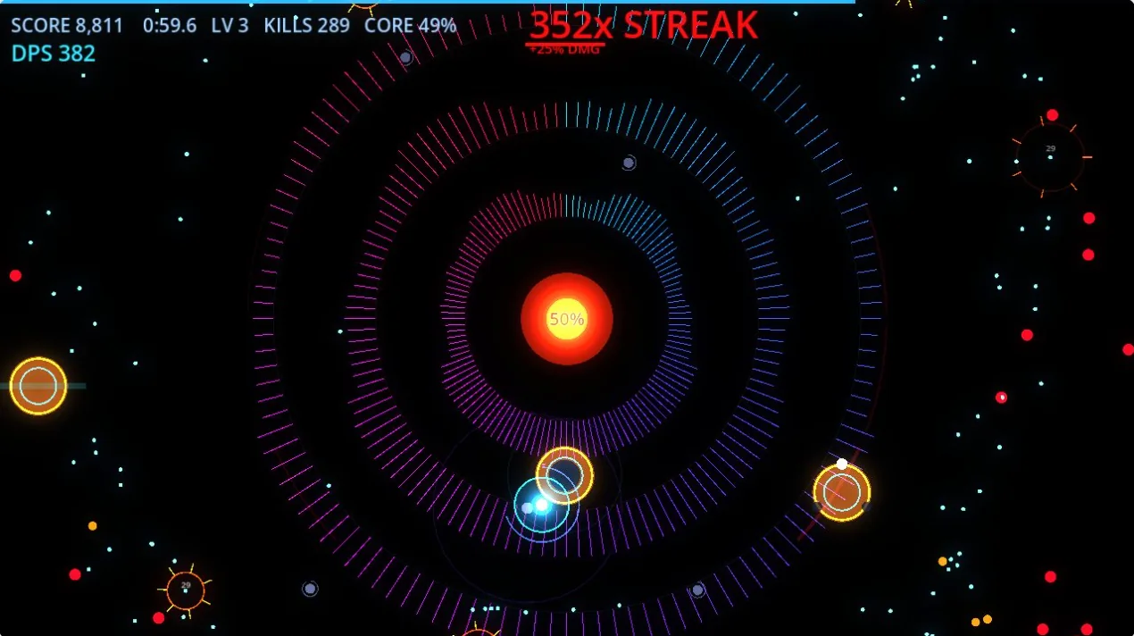 A Godot horde-survival game mid-run with score, level and kill counters, under QAJev's watch.