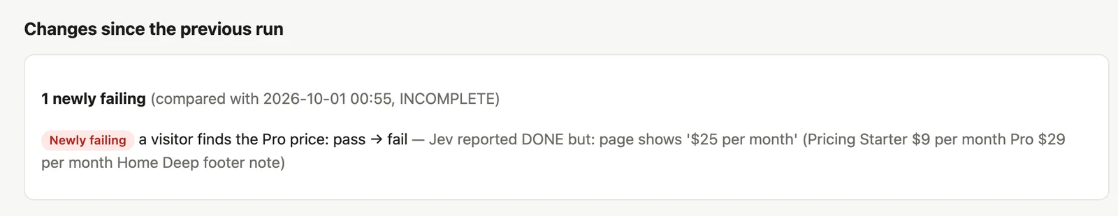The changes section of a project report: one scenario newly failing compared with the previous run.