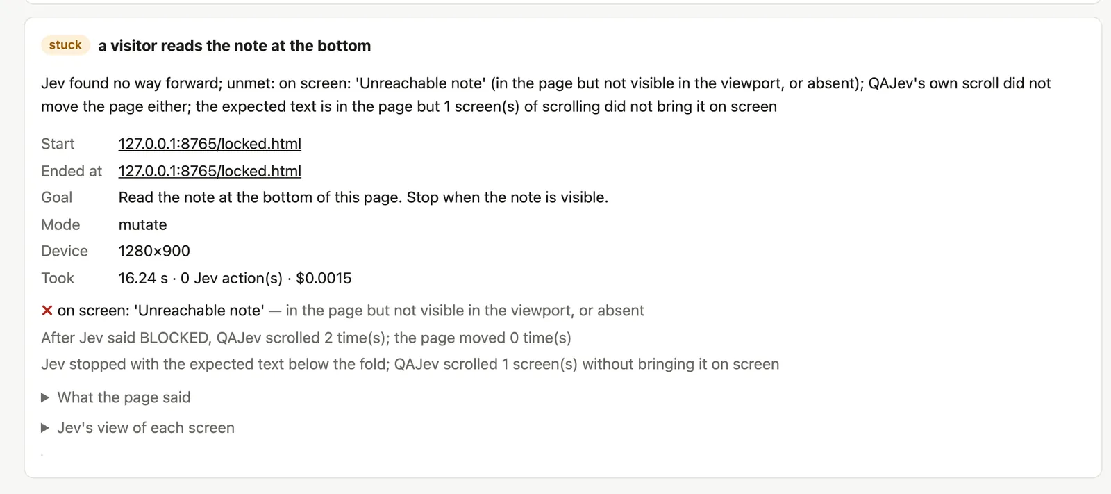 A stuck scenario in a QAJev report explaining that the expected text is in the page but scrolling did not bring it on screen.